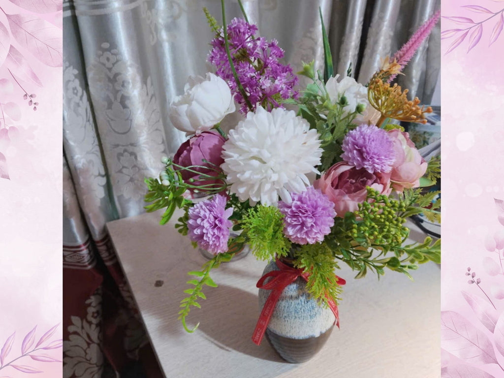 Purple & White Silk Flower Arrangement in Reactive Glaze Ceramic Vase