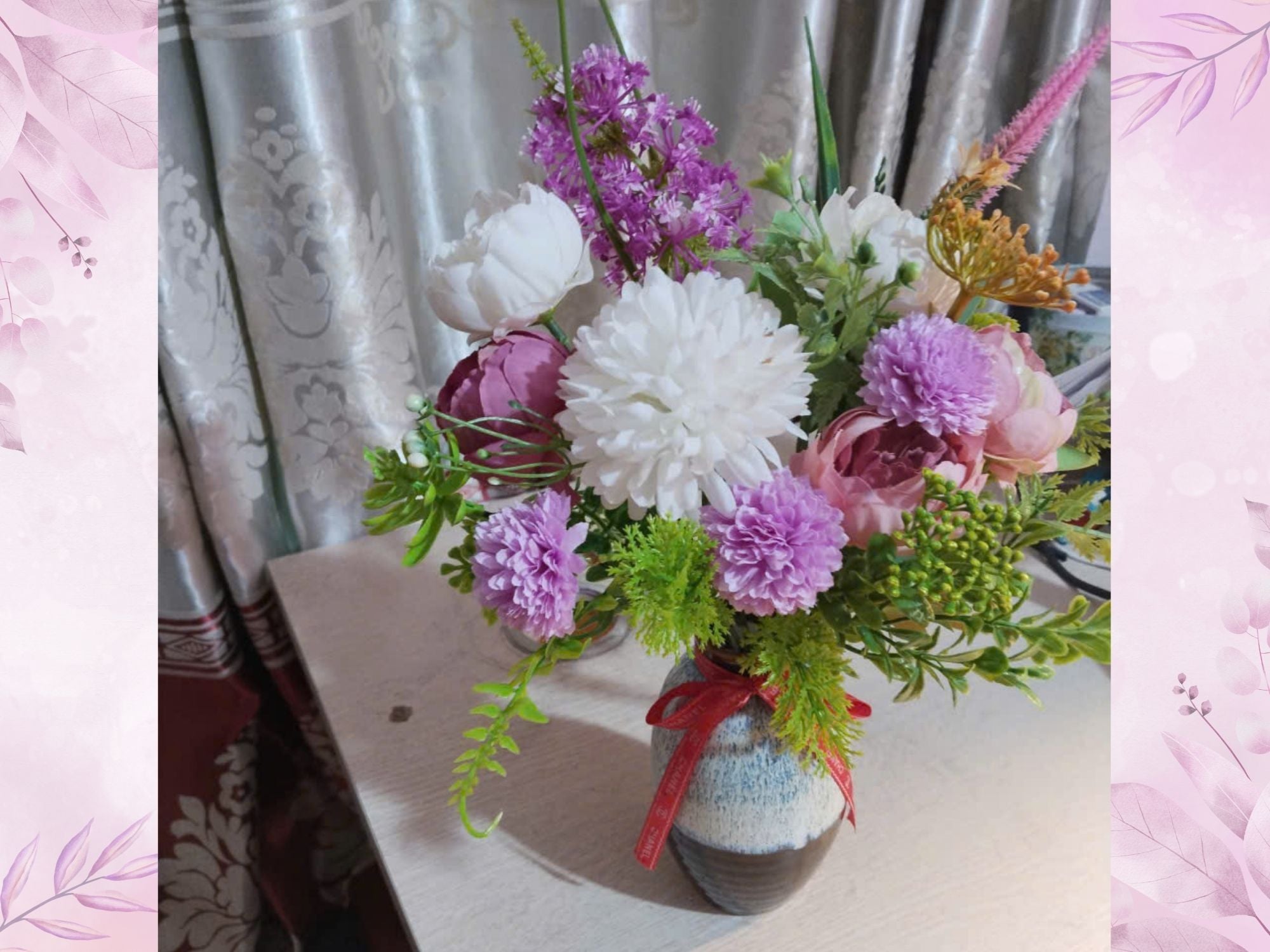 Purple & White Silk Flower Arrangement in Reactive Glaze Ceramic Vase