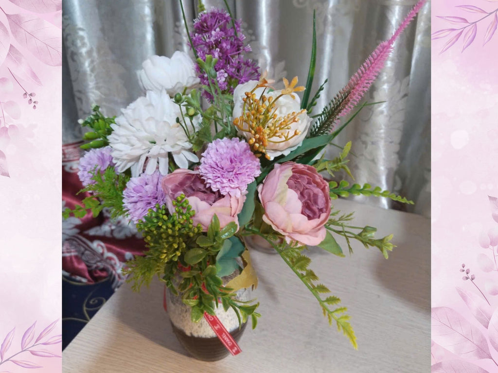 Purple & White Silk Flower Arrangement in Reactive Glaze Ceramic Vase