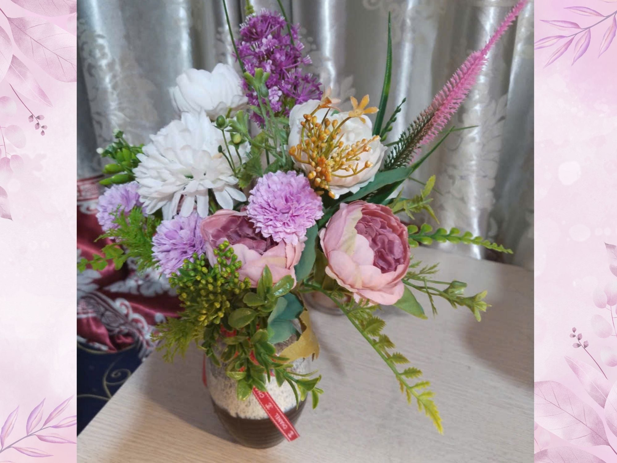 Purple & White Silk Flower Arrangement in Reactive Glaze Ceramic Vase