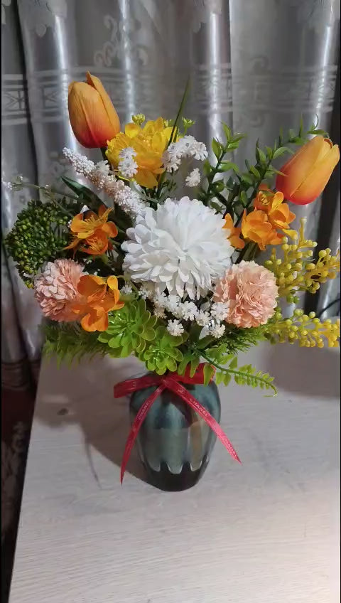 Vibrant Orange & Golden Silk Flower Arrangement in Reactive Glaze Ceramic Vase