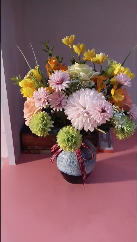 Multicolor Silk Flower Arrangement in Reactive Glaze Ceramic Vase