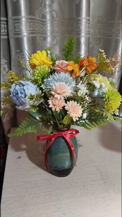 Elegant Blue-Toned Silk Flower Arrangement in Reactive Glaze Vase