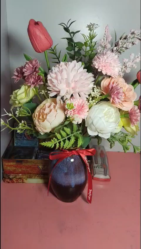 Artistic Silk Flower Arrangement in Luxury Reactive Glaze Vase 35-40cm, Gift Quality