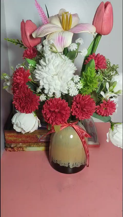 Curated Silk Flower Arrangement with Mixed Florals in Artistic Ceramic Vase