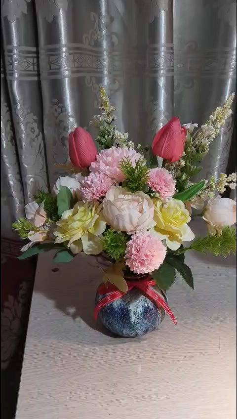 Multicolor Silk Flower Arrangement in Reactive Glaze Ceramic Vase