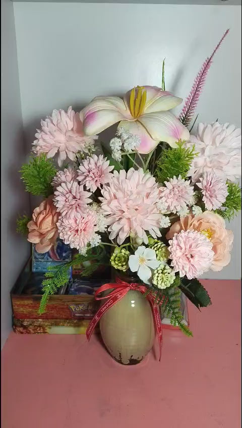 Luxury Silk Flower Arrangement with Mixed Florals in Artistic Ceramic Vase