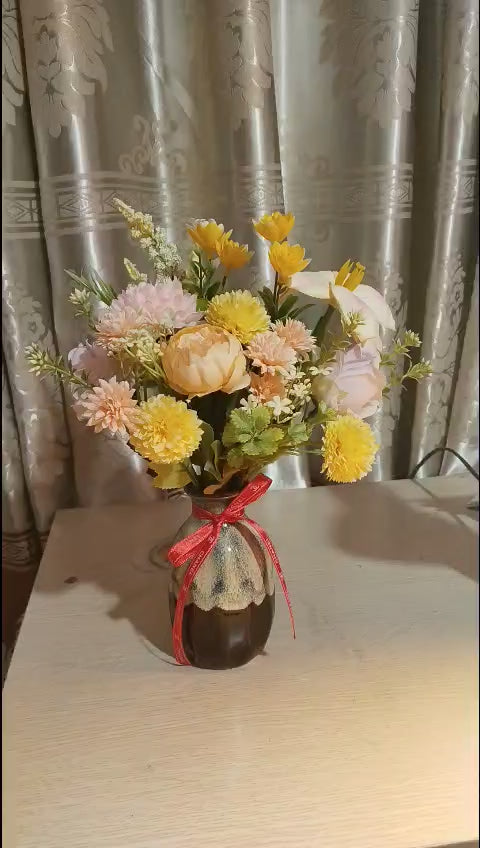 Luxury Rose-Gold Silk Flower Arrangement in Reactive Glaze Ceramic Vase