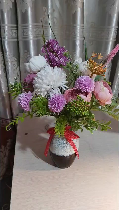 Purple & White Silk Flower Arrangement in Reactive Glaze Ceramic Vase