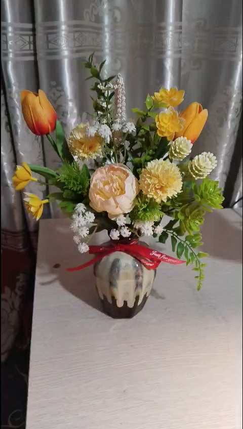 Warm-Toned Silk Flower Arrangement in Flambé-Glazed Ceramic Vase – Elegant Golden Accent Decor